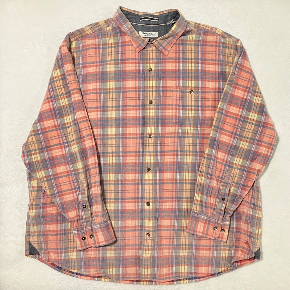 Tommy Bahama Coastline Cord Corduroy Plaid Shirt Men's Size 3XLB Orange Blue